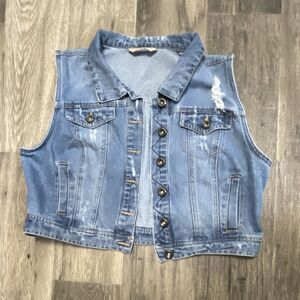 Highway Jeans Distressed Collared Sleeveless Button Vest Y-XL Pockets Western
